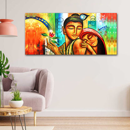 Radha Krishna Painting Canvas Wall Frame | Radha Krishna Painting Big Large Size Canvas Wall Frame ( 48x24 Inches)
 Colorful abstract painting of a couple embracing on a wall above a sofa.