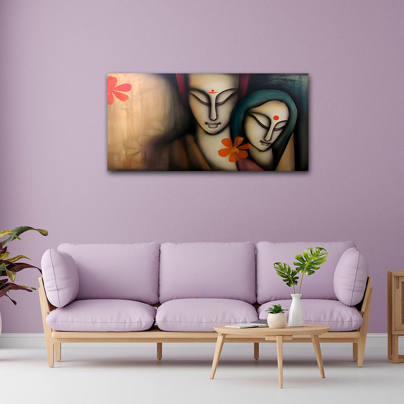 Radha Krishna Painting Canvas Wall Frame for Wall Decor | Radha Krishna Wall Art Big Large Size Canvas Painting Frame Living room with a purple sofa, coffee table, and decorative wall art on a purple wall.