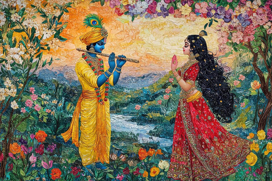 Radha Krishna Romantic Love | Canvas Painting For Wall Decor Two figures in colorful traditional attire standing in a garden with flowers and mountains.