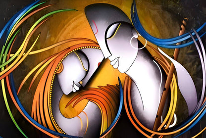 Radha Krishna Self Adhesive Wallpaper – Peel & Stick Divine Wall Decor Abstract artwork of two faces intertwined with colorful lines on a dark background