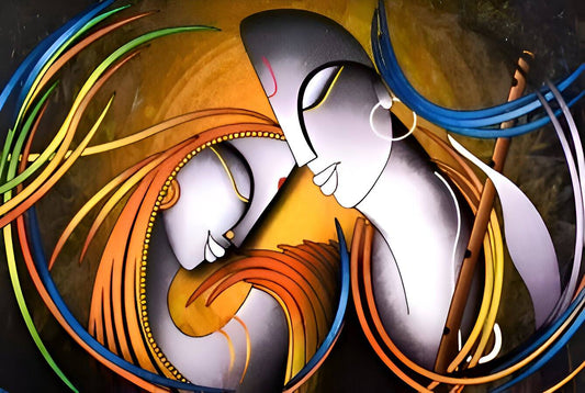 Radha Krishna Self Adhesive Wallpaper – Peel & Stick Divine Wall Decor Abstract artwork of two faces intertwined with colorful lines on a dark background