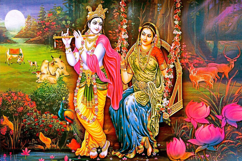 Radha Krishna Self Stick Wallpaper – Quick & Easy Divine Wall Cover Colorful depiction of two deities in a garden setting with flowers and animals.