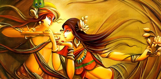 Radha Krishna Spiritual Painting | Wall Hanging Canvas Painting Artistic depiction of two figures in a close embrace with flowing hair and traditional attire.