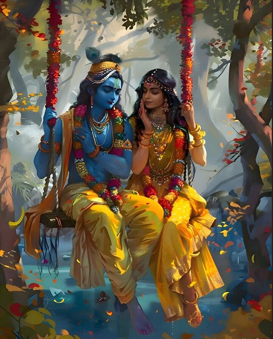 Radha Krishna Swing Canvas Painting | Divine Love Art for Wall Decor Two characters in traditional attire sitting on a swing surrounded by nature