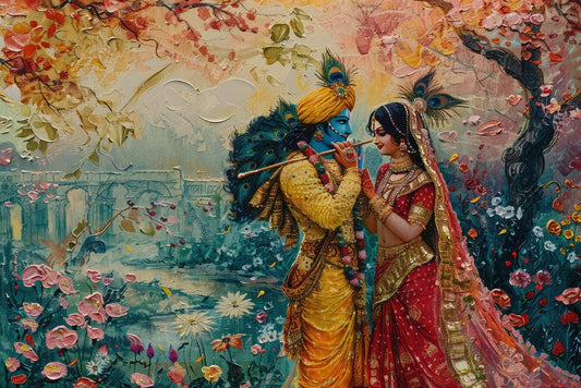 Radha Krishna Traditional Canvas for Decoration | Canvas Painting Artistic depiction of two figures in colorful traditional attire amidst a floral garden setting.