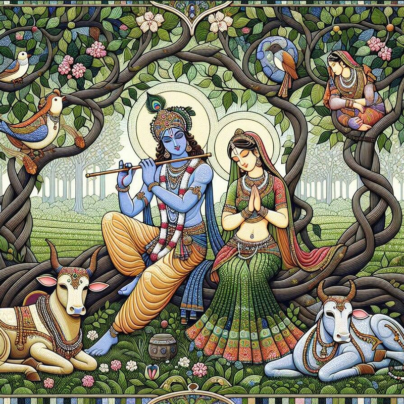 Radha Krishna Wallpaper | Wallpaper for Temple Wall Colorful illustration of a divine couple in a forest setting with animals and nature elements.