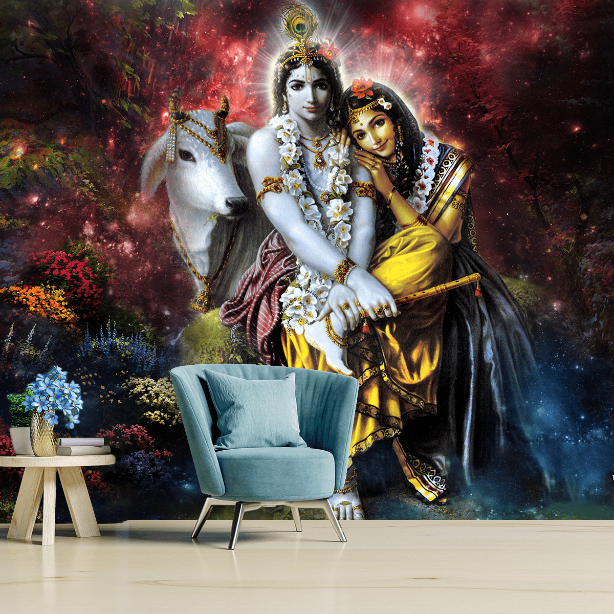 Beautiful Radha Krishna Wallpaper for Living Room | Temple Room 