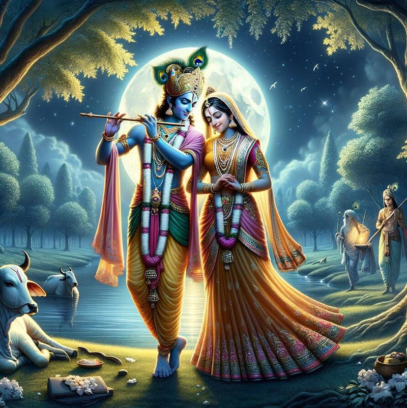 Radha Krishna With Sitting Cow Wall Decor for Living Room Ambience Two figures in traditional attire standing under a large moon in a forest setting.