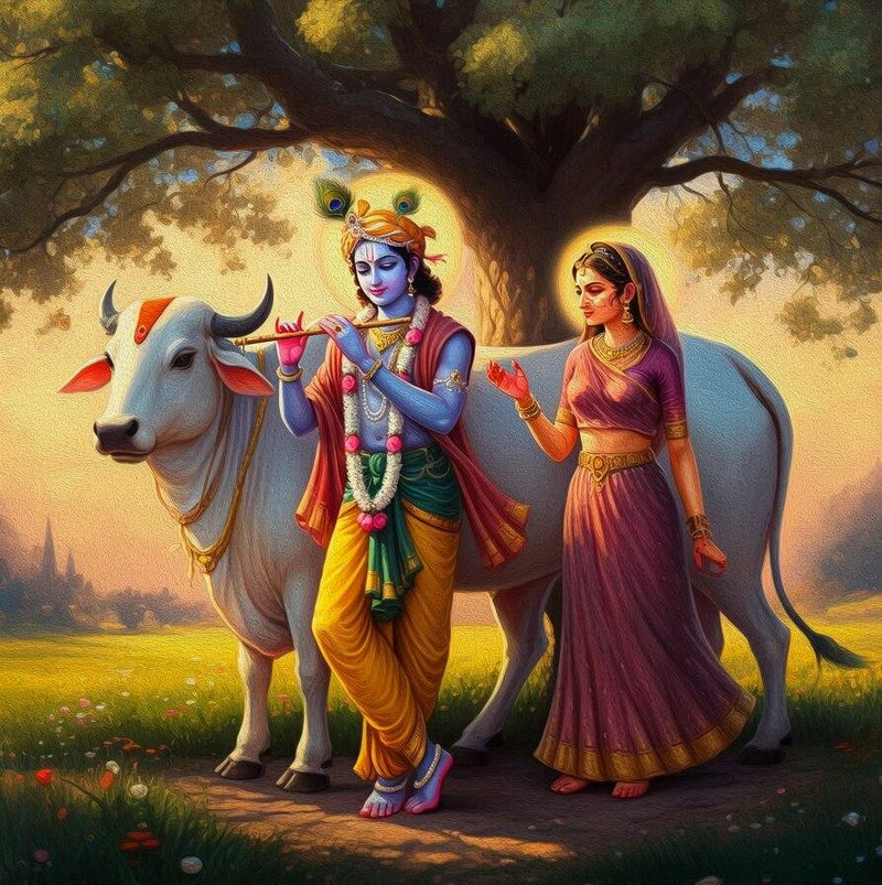 Radha Krishna With White Cow Wall Decor for Living Room Ambience Two figures, one holding a bow and another in a purple dress, standing next to a cow under a tree.