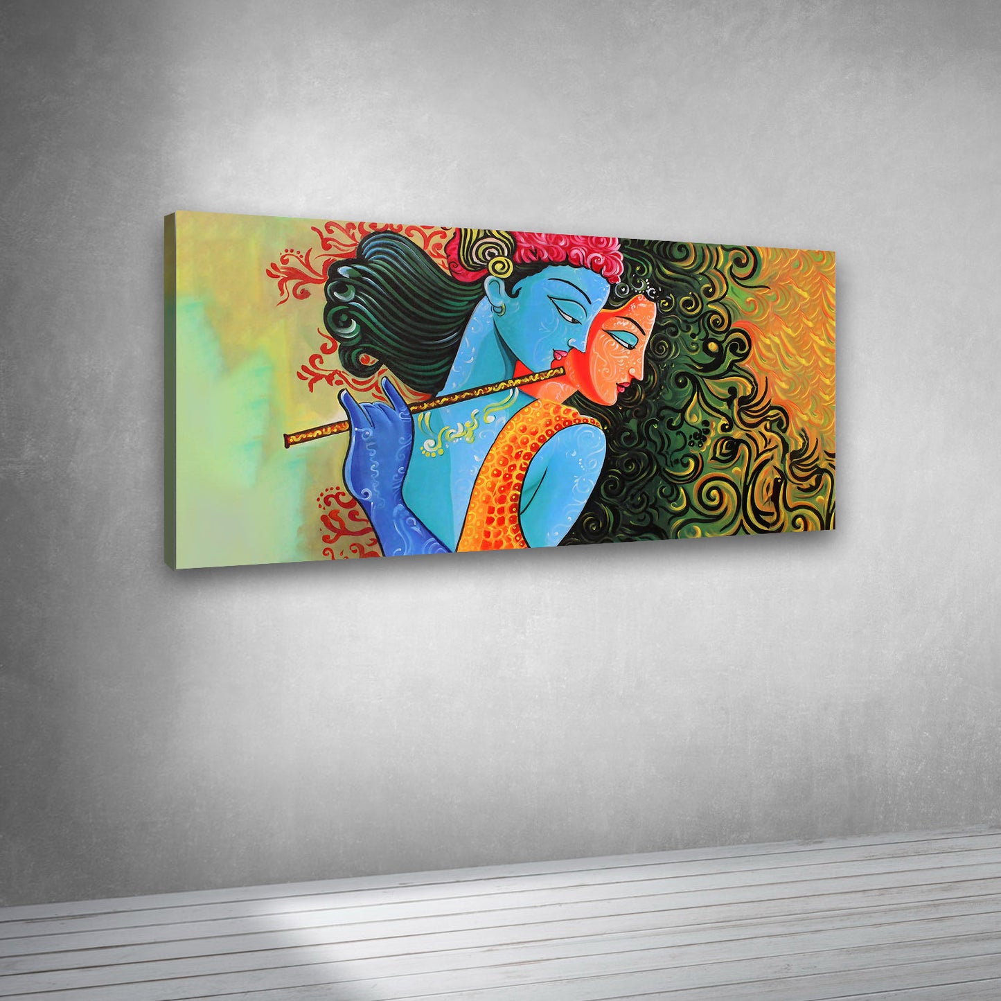 Colorful Krishna flute painting canvas print for contemporary interiors