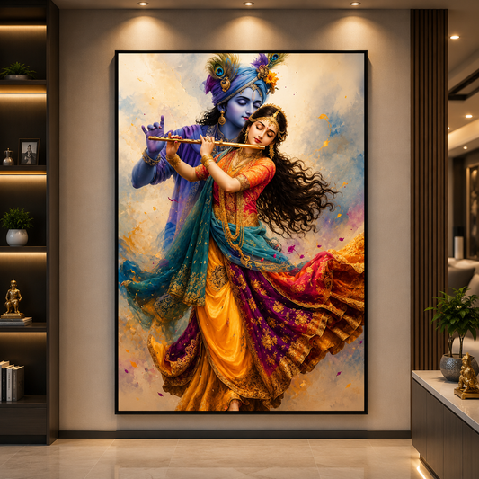 Premium Radha Krishna devotional canvas painting for spiritual home and office decor