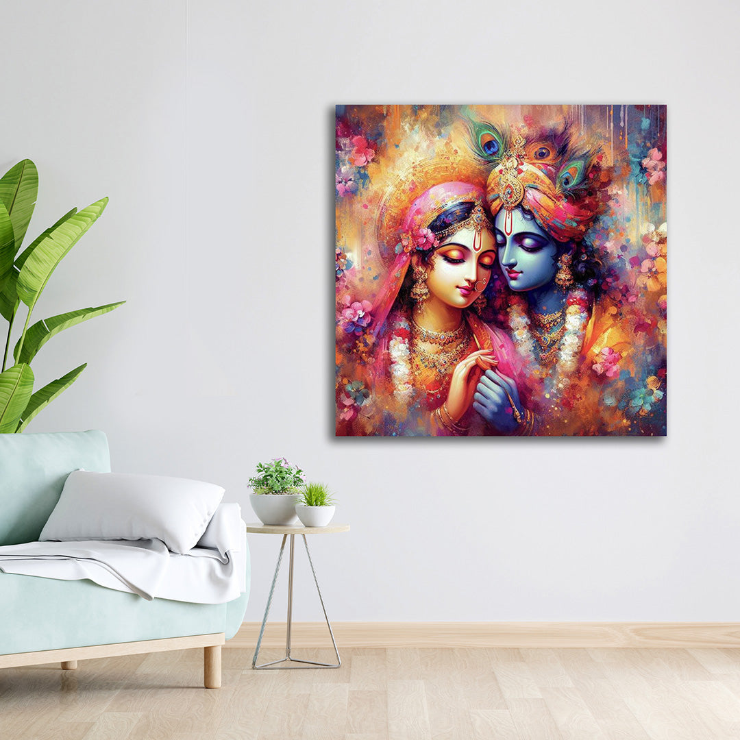 Radha Krishna divine love canvas painting spiritual Krishna wall art for home and temple decor