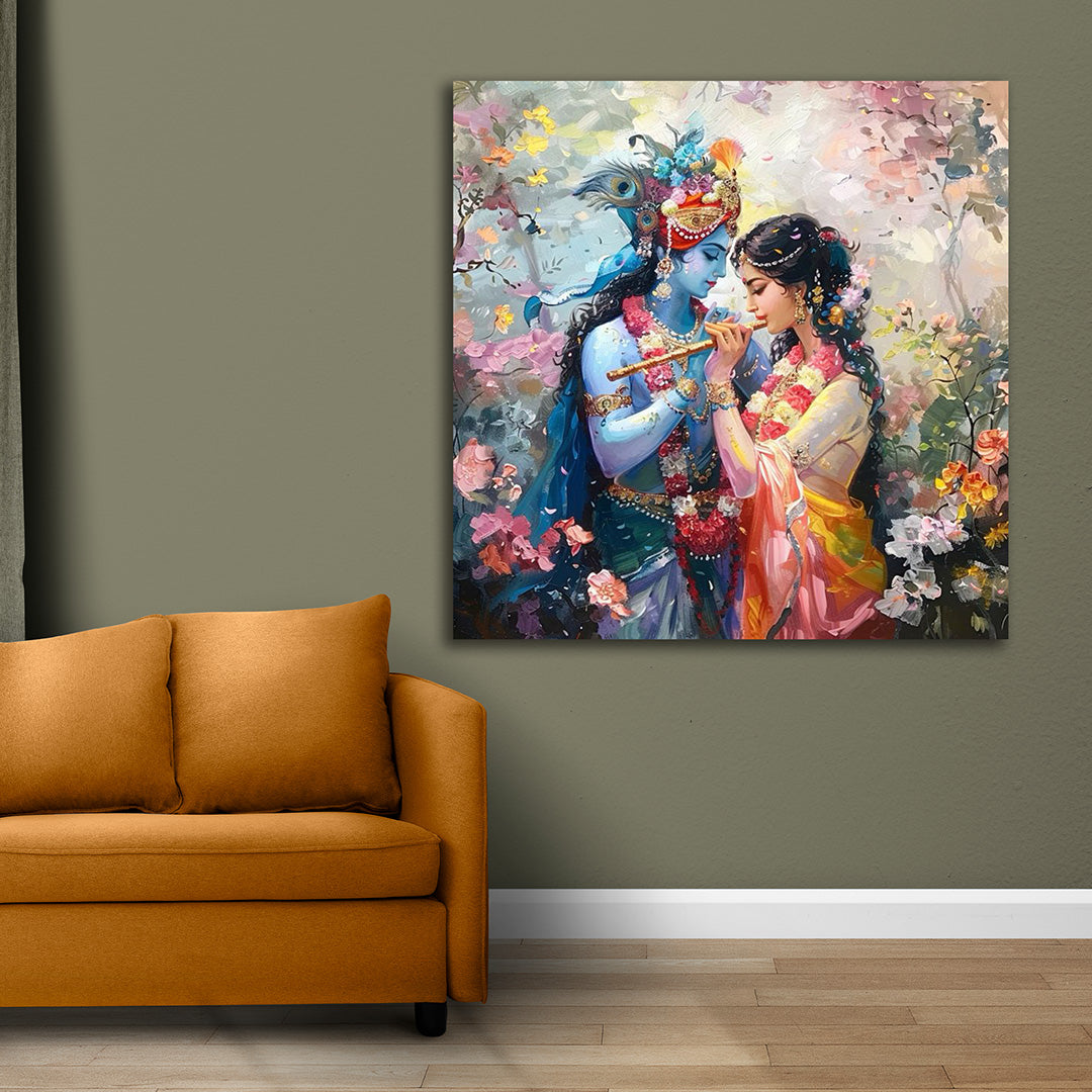 Radha Krishna floral divine canvas painting spiritual Krishna wall art for home and temple decor