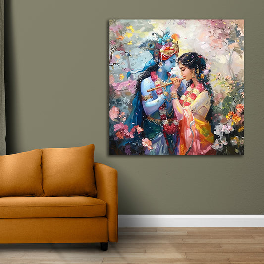Radha Krishna floral divine canvas painting spiritual Krishna wall art for home and temple decor