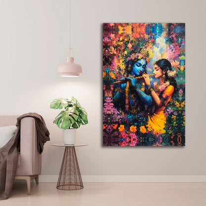 Radha Krishna flute garden canvas painting spiritual Krishna wall art for home and temple decor