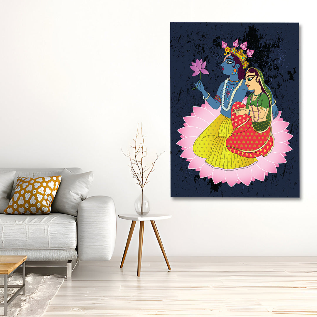 Radha Krishna lotus divine canvas wall painting for home decor