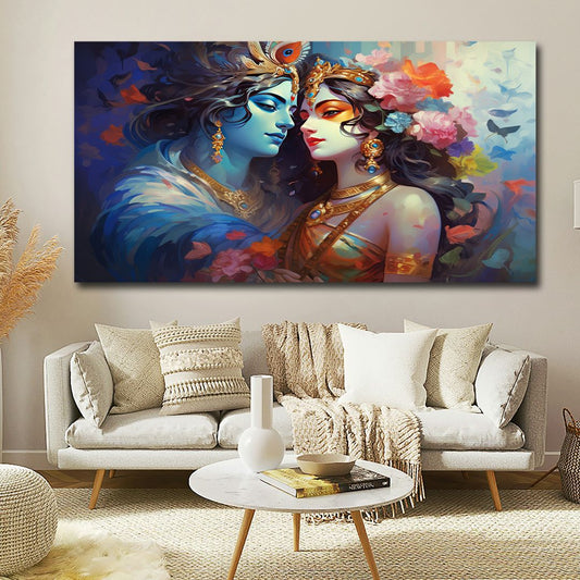 Radha Krishna romantic abstract panoramic canvas wall painting with vibrant colors for large living room and spiritual wall decor Colorful painting of two figures with flowers above a living room with a sofa and coffee table.