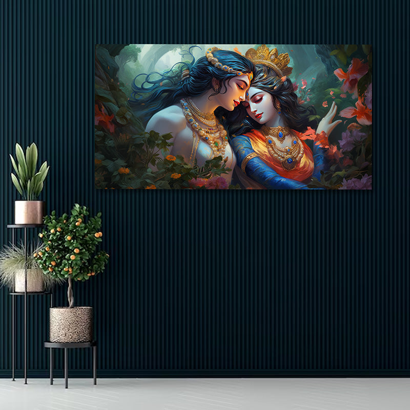 Radha Krishna romantic forest canvas painting divine Krishna wall art for living room decor