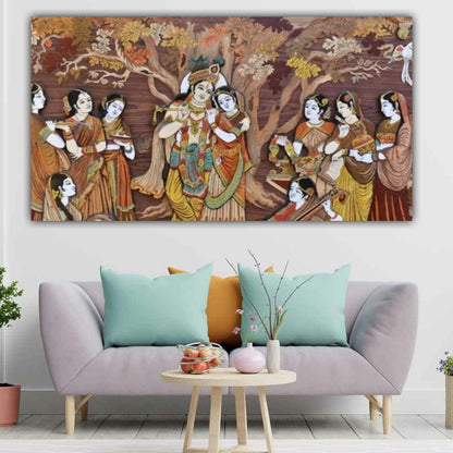 Krishna with gopis canvas wall decor vintage Indian religious artwork