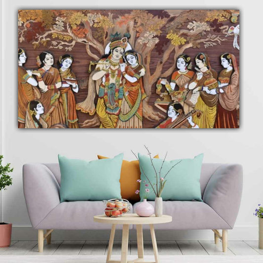 Krishna with gopis canvas wall decor vintage Indian religious artwork