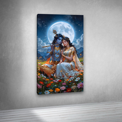 Radha Krishna under full moon canvas wall art painting frame spiritual decor