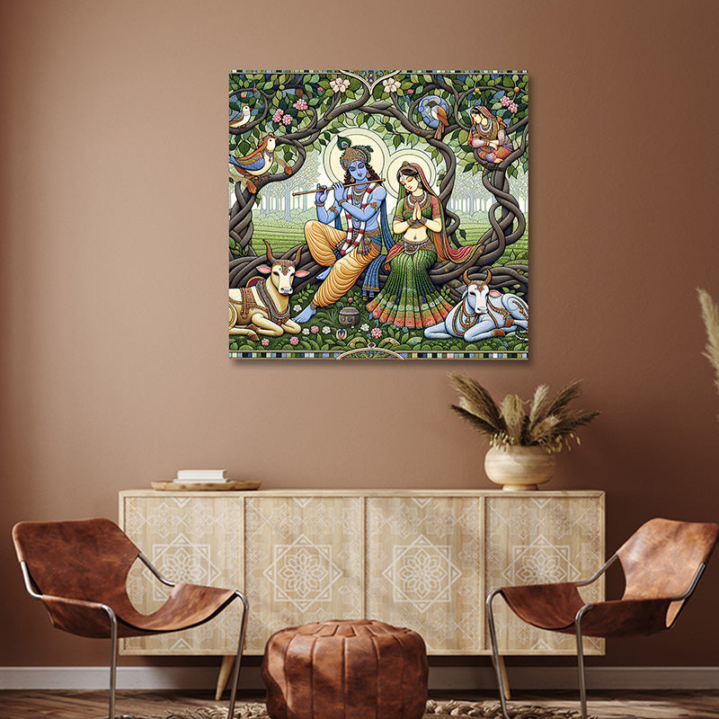 Radha Krishna wall painting under tree with cows traditional Indian spiritual canvas art