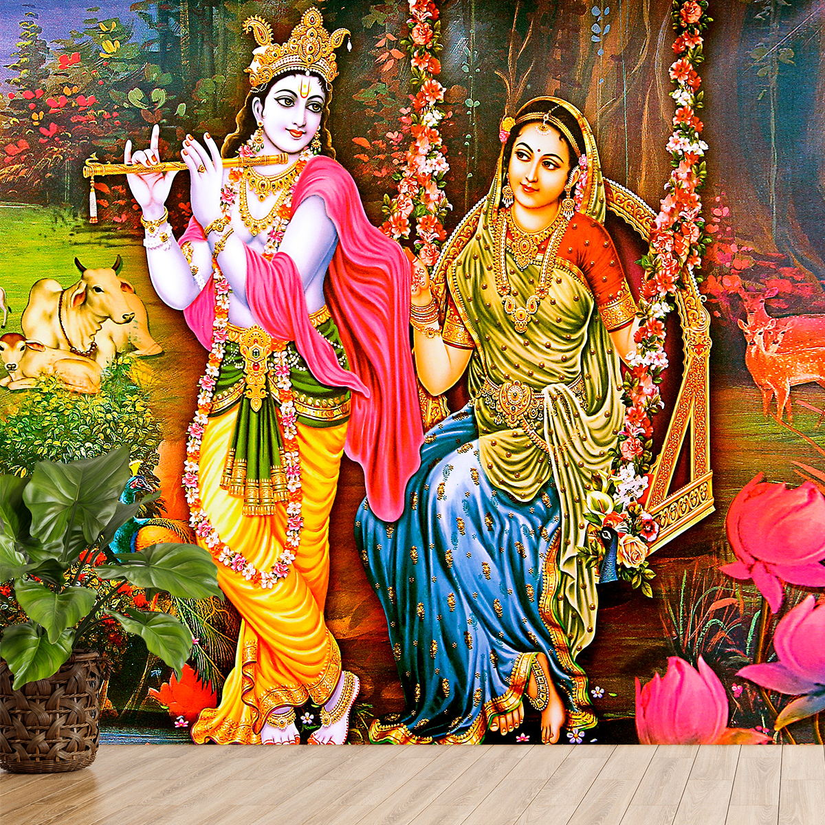 colorful Radha Krishna wall mural for living room and pooja room decor