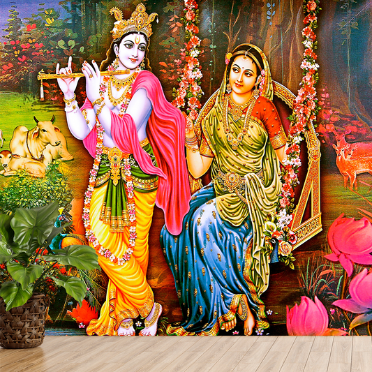 colorful Radha Krishna wall mural for living room and pooja room decor