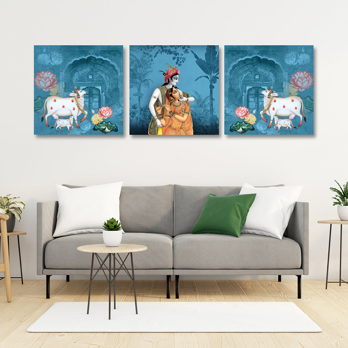 Radha Krishna with Kamdhenu cow triptych canvas painting devotional Krishna wall art for home and temple decor