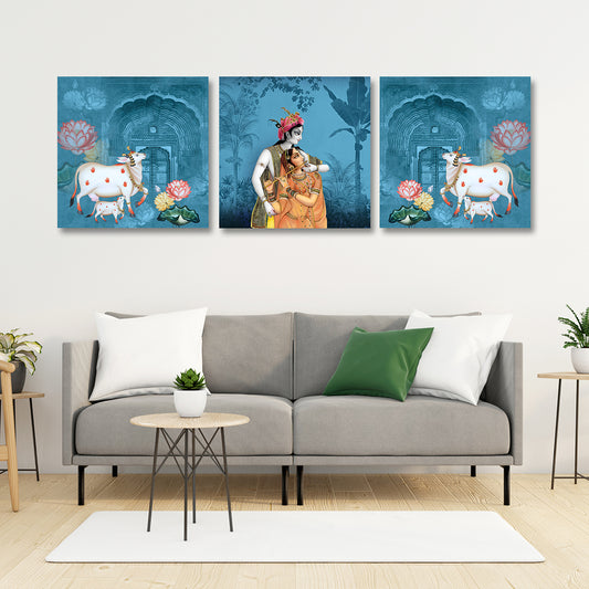Radha Krishna with Kamdhenu cow triptych canvas painting devotional Krishna wall art for home and temple decor