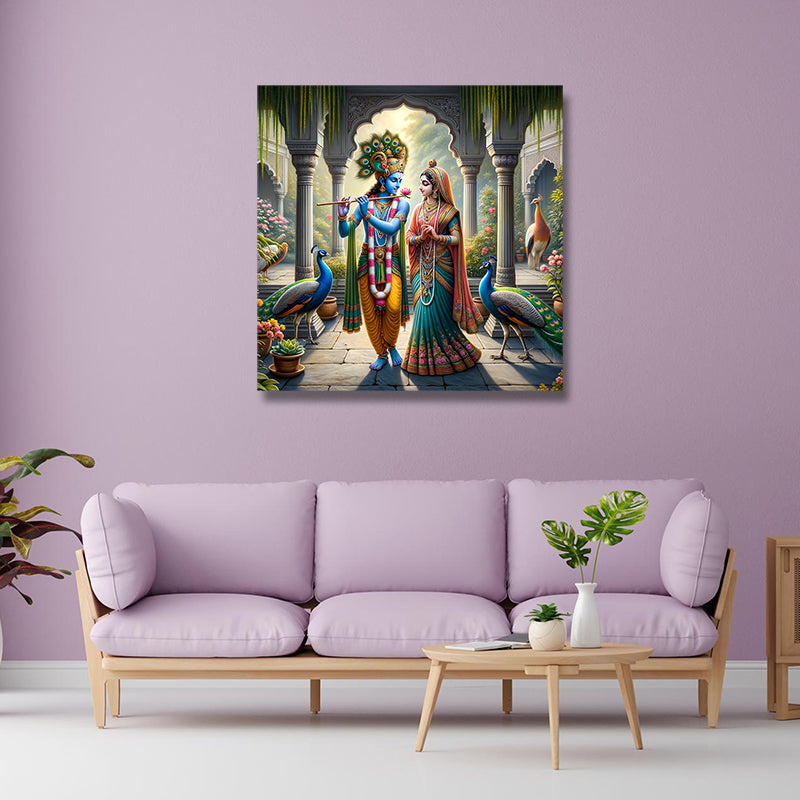 Radha krishna Canvas Painting Frame Abstract Wall Art for Wall Decor | Radha Krishna Canvas Painting Frame Framed artwork of two figures in a decorative setting on a purple wall above a lavender sofa.