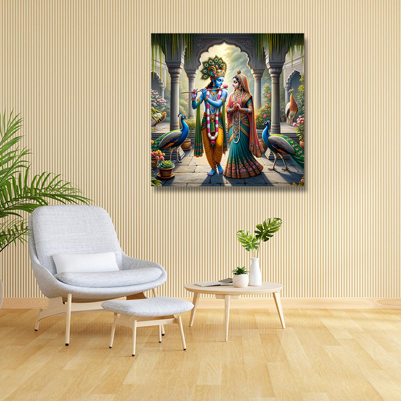 Radha krishna Canvas Painting Frame Abstract Wall Art for Wall Decor | Radha Krishna Canvas Painting Frame (24x24 Inches)
 Living room with a chair, table, and decorative painting on the wall.