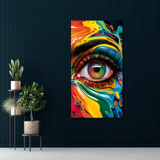 Rainbow Eye Abstract Painting Canvas Wall Frame | Big Large Size Modern Wall Art (24x48 Inches) Colorful abstract art of an eye on a dark blue wall with decorative plants.