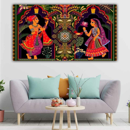 Rajasthani folk art wall painting with traditional couple colorful canvas decor