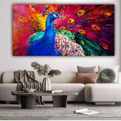 Madhubani Canvas Painting Colourful Peacock Wall Painting Frame for Living Room Decoration | Home Decor | Big Size Large Painting