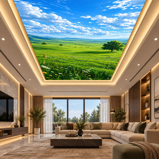 Recessed false ceiling with scenic landscape panel and warm perimeter lighting