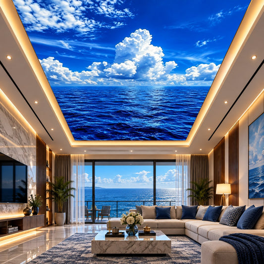 Recessed illuminated false ceiling featuring an open ocean and cloudscape above a modern living room