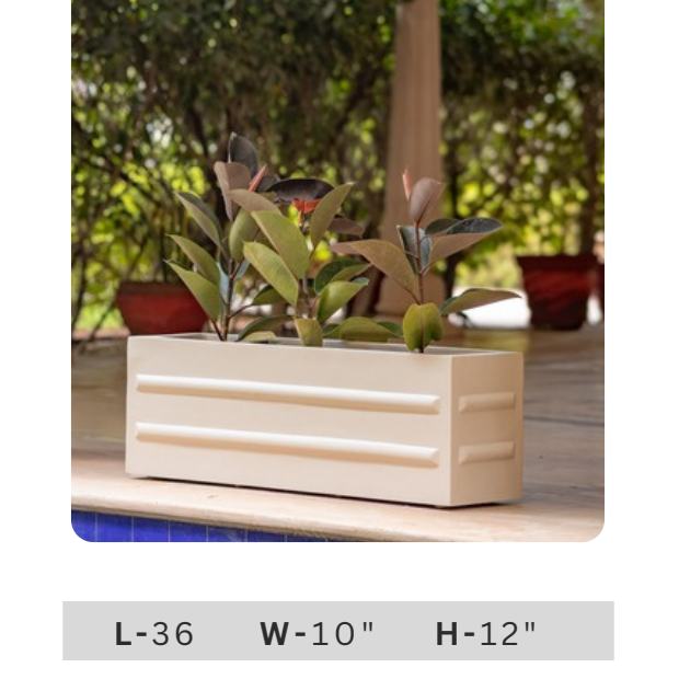 Long cream outdoor planter with raised horizontal detailing and green plants for entrance and contemporary home styling