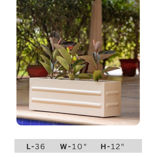 Long cream outdoor planter with raised horizontal detailing and green plants for entrance and contemporary home styling