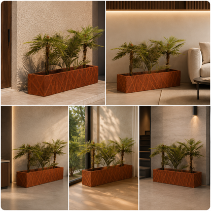 Large tropical planter with palm plants for modern entrance styling