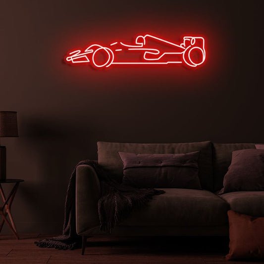 Formula race car neon wall light with bright red illuminated outline for modern interiors