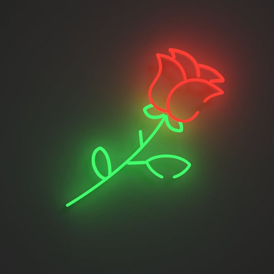 Red Rose Flower Neon Sign – Custom Neon Sign Gift for Girls Neon sign of a rose with red petals and green stem on a dark background