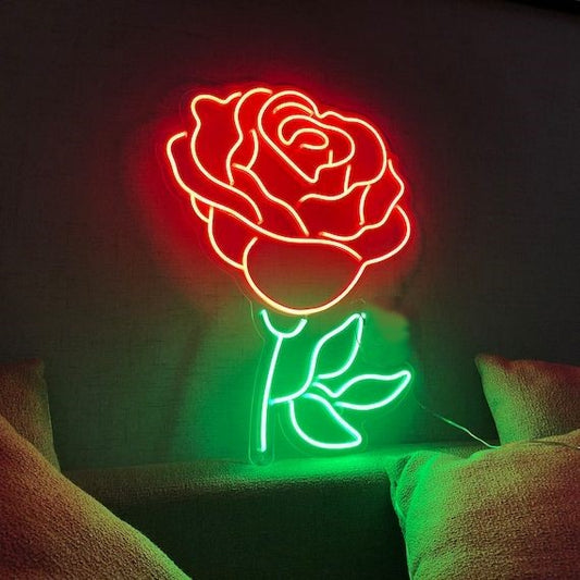 Red Rose Neon Sign – Custom Neon Sign Gift for Girls Neon light shaped like a rose on a dark background