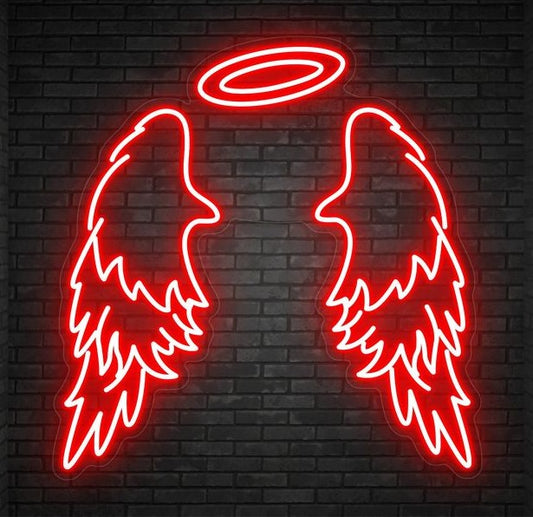 Red Wings Neon Sign | Custom Neon Sign | Neon for Restaurants, Banquet Neon sign of angel wings with halo on a brick wall background