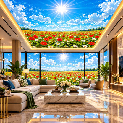 Illuminated recessed false ceiling with colourful flower meadow and sunny sky artwork