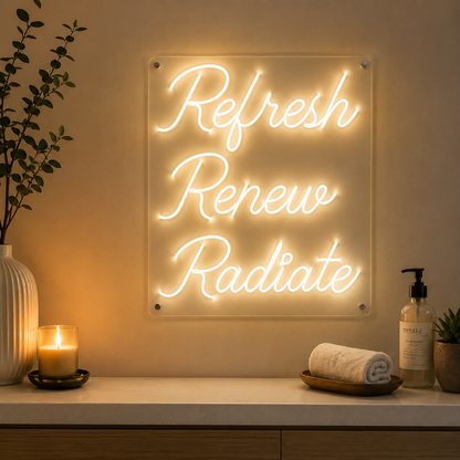 Motivational Refresh Renew Radiate LED neon wall sign for skincare clinic, salon, spa and beauty studio