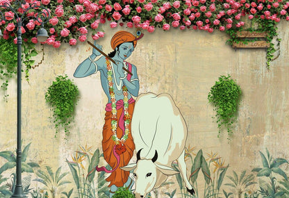 Religious Peel & Stick Wallpaper – Krishna With Cow Temple Wall Illustration of a deity with a white cow under pink flowers