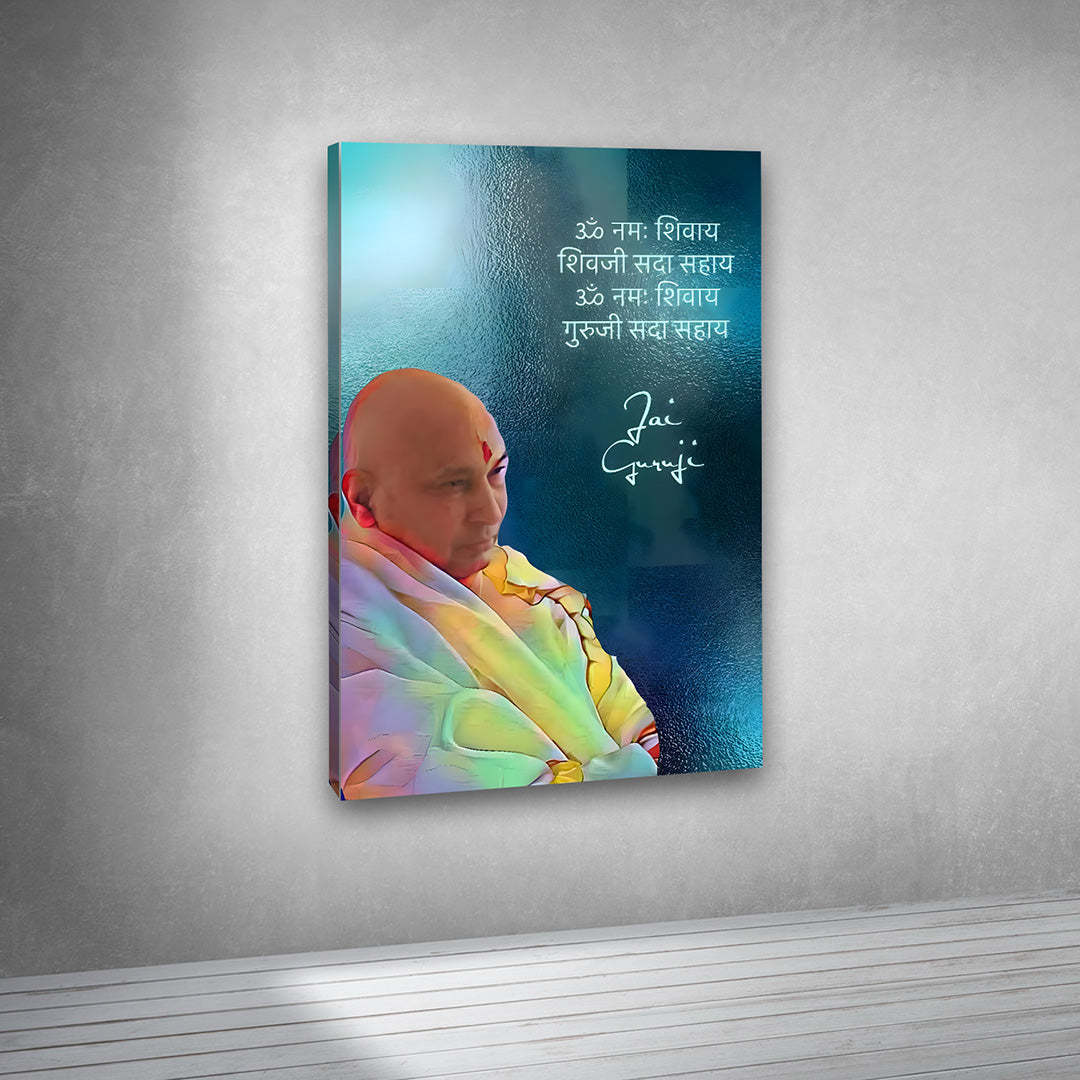 Religious wall painting with guru portrait and Sanskrit mantra for meditation space