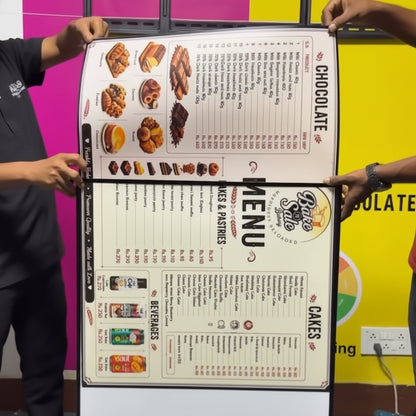 Illuminated removable menu board for restaurant and café displaying food categories, prices and product images