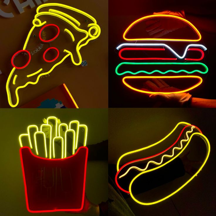 Resto Fast Food Neon Sign | Custom Neon Sign | Neon for Restaurants and Shops Four neon signs shaped like a pizza slice, hamburger, French fries, and hot dog on a dark background.